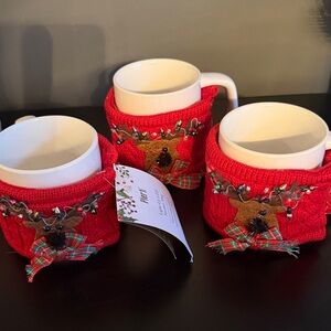 Pier 1 Red Reindeer Knit Mugs